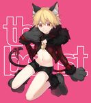  animal_ear_fluff animal_ears bare_legs black_shorts blonde_hair cat_ears cat_paws cat_tail catboy child child_gilgamesh citron_82 commentary_request fate/hollow_ataraxia fate/stay_night fate_(series) full_body fur_trim gilgamesh gloves groin looking_at_viewer male_focus midriff navel open_clothes open_fly open_shorts paw_boots paw_gloves paw_shoes paws pink_background red_eyes ribbon shoes short_shorts shorts simple_background smile solo stomach tail tail_ribbon younger 