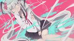  blood bloody_tears doll hands_on_own_face hatsune_miku here_mia393 long_hair miniskirt pale_face pale_skin school_uniform serafuku skirt solo torn_clothes twintails vocaloid 
