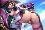  anus ass ass_focus brown_eyes brown_hair bubble_blowing censored chewing_gum d.va_(overwatch) dated day gun handgun jpeg_artifacts long_hair meka_(overwatch) mosaic_censoring mr_h.l. overwatch pistol pussy solo thighs weapon 