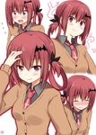  akane_souichi bangs bat_hair_ornament black_ribbon black_shirt blush breasts brown_hair cardigan closed_mouth collared_shirt cross_of_saint_peter cross_print crying crying_with_eyes_open doyagao eyebrows_visible_through_hair fang flying_sweatdrops full-face_blush gabriel_dropout hair_between_eyes hair_ornament hair_ribbon hair_rings kurumizawa_satanichia_mcdowell long_hair looking_at_viewer medium_breasts multiple_views necktie open_mouth parted_lips red_neckwear ribbon shirt simple_background smile smug tears trembling tsurime upper_body wavy_mouth white_background 