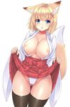  animal_ears areola_slip areolae ass_visible_through_thighs black_legwear blonde_hair blue_eyes blush breasts collarbone covered_nipples eyebrows_visible_through_hair fox_ears hair_ornament hakama_skirt highres japanese_clothes large_breasts looking_at_viewer open_mouth original panties short_hair simple_background skirt skirt_lift sogaya solo tail thighhighs underwear white_background white_panties wide_sleeves 