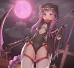  armor ass_visible_through_thighs belt_buckle black_gloves braid breastplate buckle chain cloak cloud collar covered_navel cross fate/grand_order fate_(series) full_moon gloves graveyard highres holding holding_weapon hood hooded_cloak leotard long_hair looking_at_viewer medusa_(lancer)_(fate) moon night night_sky outdoors purple_eyes purple_hair purple_moon red_collar reinama rider scythe side_cutout sidelocks single_braid sky solo sparkle thighhighs tombstone very_long_hair weapon white_legwear 