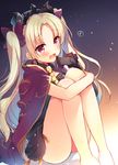 :d ass bare_legs barefoot black_gloves blonde_hair blush bow cape earrings eighth_note ereshkigal_(fate/grand_order) eyebrows_visible_through_hair fate/grand_order fate_(series) gloves gradient gradient_background hair_bow hand_to_own_mouth jewelry knees_up leg_hug long_hair looking_at_viewer musical_note open_mouth red_eyes sazaki_ichiri single_glove sitting sketch skull smile solo spoken_musical_note tiara two_side_up 