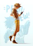  adapted_costume brown_hair bubble_blowing casual cellphone chewing_gum full_body gloves goggles headphones highres jacket overwatch phone smartphone solo tracer_(overwatch) whispwill 
