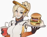  black_gloves blonde_hair blue_eyes bodysuit breasts cheese commentary cup drinking_straw emblem food gloves grin hamburger high_ponytail highres holding looking_at_viewer mechanical_halo medium_breasts mercy_(overwatch) no_wings onion overwatch parted_lips plate simple_background smile solo splashbrush tomato upper_body white_background 