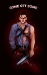  ashley_j_williams bad_id bad_pixiv_id blood brown_eyes brown_hair chainsaw english evil_dead gun highres injury looking_at_viewer male_focus manly muscle scar serious severed_hand severed_limb shotgun signature sockless solo torn_clothes weapon 