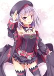  armpits aruka_(alka_p1) bare_shoulders belt black_legwear blush cape commentary_request detached_sleeves fate/grand_order fate_(series) hat helena_blavatsky_(fate/grand_order) long_sleeves looking_at_viewer open_mouth purple_eyes purple_hair salute short_hair smile solo thighhighs 