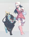  :d bag beanie black_hair blue_eyes blue_hair blush boots buttons character_name dress full_body gen_4_pokemon grey_background hair_ornament hat highres hikari_(pokemon) knee_boots long_hair long_sleeves luxray open_mouth pink_footwear pokemon pokemon_(creature) pokemon_(game) pokemon_dppt red_dress rifu_(hunihuni1130) scarf simple_background smile solo thighhighs white_legwear winter_clothes 