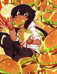  bibi_(orbis_terra) black_hair brown_hair dark_skin food hamburger orbis_terra original red_eyes saane solo thighhighs zettai_ryouiki 