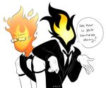  2017 bow_tie clothed clothing cubic-watermelon dialogue digital_media_(artwork) duo english_text eyewear fire glasses grillby male mr._curry simple_background suit surprise text undertale video_games white_background 