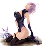  ahoge arched_back armpits bangs bare_shoulders black_gloves black_legwear black_leotard boots breasts cleavage cleavage_cutout crying crying_with_eyes_open elbow_gloves fate/grand_order fate_(series) fou_(fate/grand_order) from_side full_body gloves high_heel_boots high_heels highleg highleg_leotard large_breasts lavender_hair leotard looking_up mash_kyrielight navel navel_cutout parted_lips profile purple_eyes purple_hair satou_daiji seiza short_hair simple_background sitting skin_tight sleeveless sleeveless_turtleneck solo tears thigh_strap thighhighs turtleneck white_background 