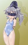  arms_behind_back blindfold box_tie breasts commentary_request covered_navel gradient gradient_background hat mononobe_no_futo one-piece_swimsuit ponytail restrained silver_hair small_breasts solo swimsuit tate_eboshi touhou white_swimsuit winn 