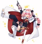  :d astolfo_(fate) black_legwear boots bow braid cape crown fang fate/apocrypha fate_(series) full_body fur_trim gauntlets hair_bow highres long_hair male_focus open_mouth otoko_no_ko pink_eyes pink_hair pointing ponita single_braid skirt smile solo sparkle sword thighhighs weapon 