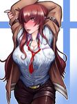  breasts brown_hair jacket legwear_under_shorts long_hair makise_kurisu misonou_hirokichi necktie open_mouth pantyhose red_neckwear shorts smile solo steins;gate 