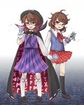  :d brown_eyes brown_hair cape card cellphone dual_persona glasses gloves hat kneehighs low_twintails miniskirt multiple_girls open_mouth phone plaid pleated_skirt red-framed_eyewear school_uniform semi-rimless_eyewear skirt smartphone smile touhou twintails under-rim_eyewear usami_sumireko v-shaped_eyebrows white_gloves white_legwear younger ys_(fall) 