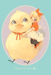  2017 animal bird blonde_hair blue_eyes chick chinese_zodiac hair_ribbon happy_new_year highres new_year one_eye_closed original oversized_animal ribbon riding short_hair u-min year_of_the_rooster 
