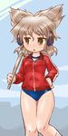  :o bangs blue_sky blue_swimsuit brown_eyes brown_hair cloud day earmuffs eyebrows_visible_through_hair hair_between_eyes hand_on_hip holding jacket jitome leg_up long_sleeves looking_to_the_side mountain no_pants one-piece_swimsuit outdoors red_jacket ritual_baton school_swimsuit shiny shiny_hair shiny_skin short_hair sky solo standing swimsuit swimsuit_under_clothes thighs touhou toyosatomimi_no_miko track_jacket track_suit white_legwear winn zipper 