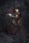  2014 absurdres baka_(mh6516620) black_dress black_hair black_ribbon dated dress highres instrument long_hair looking_at_viewer music neck_ribbon original playing_instrument red_eyes ribbon signature solo standing violin 