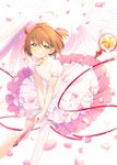  antenna_hair brown_hair cardcaptor_sakura cherry_blossoms choker dress green_eyes half-closed_eyes highres hoshi_no_tsue kinomoto_sakura magical_girl pink_choker ribbon short_hair smile solo star star_choker ume_(plumblossom) white_dress wings 