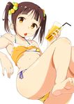  1girl barefoot bikini black_hair child collarbone drinking_glass feet female green_eyes holding holding_drinking_glass looking_at_viewer midriff mouth_hold nazononiku off_shoulder shiny shiny_skin shirt shirt_lift side-tie_bikini simple_background sitting small_breasts soles solo straw swimsuit toenails toes twintails white_background 