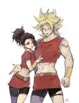  abs akame_(chokydaum) arm_around_waist arm_at_side asymmetrical_hair belt belt_buckle bike_shorts black_eyes black_hair black_shorts blonde_hair breasts buckle clenched_hand commentary_request crop_top dragon_ball dragon_ball_super dual_persona earrings hand_on_another's_chest high_ponytail hoop_earrings jewelry kale_(dragon_ball) leaning_forward leaning_on_person legs_apart looking_at_viewer midriff miniskirt multiple_girls muscle muscular_female navel no_pupils parted_lips pencil_skirt ponytail red_shirt red_skirt shirt short_hair short_ponytail short_sleeves shorts shorts_under_skirt sidelocks signature simple_background single_hair_intake size_difference skirt sleeveless sleeveless_shirt slender_waist spiked_hair standing super_saiyan super_saiyan_berserk thigh_gap torn_bike_shorts torn_clothes vambraces white_background white_eyes 