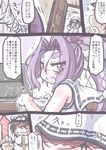  comic commentary_request dress hatsuharu_(kantai_collection) highres kantai_collection long_hair ponytail purple_eyes purple_hair sailor_dress takeyou translation_request walk-in 