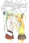  2girls blonde_hair blush einhart_stratos green_hair hair_ornament hand_holding lyrical_nanoha mahou_shoujo_lyrical_nanoha mahou_shoujo_lyrical_nanoha_vivid marriage_proposal multiple_girls smile surprised translated vivio yanagi_hareta 