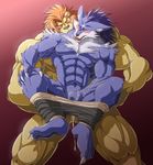  abs anthro blush burokuso canine clothed clothing cum feline lion male male/male mammal muscular muscular_male nude orgasm pants_down partially_clothed pecs penis shining_(series) shining_force shining_tears simple_background video_games wolf 