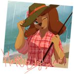  anthro canine clothed clothing female fishing_rod fjorge hat looking_at_viewer mammal open_mouth raining smile solo 