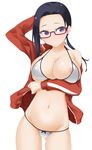  areola_slip areolae arm_behind_head ass_visible_through_thighs asymmetrical_hair black_hair blush bow_bikini breast_hold breasts contrapposto covered_nipples cowboy_shot demi-chan_wa_kataritai glasses highres hinata_masaki jacket large_breasts long_hair nipple_slip nipples purple_eyes red-framed_eyewear satou_sakie semi-rimless_eyewear solo standing track_jacket under-rim_eyewear wavy_mouth 