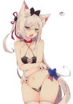  1girl american_flag american_flag_print animal_ears azur_lane bangs black_bow blue_eyes blush bow breasts cat_ears cleavage collar collarbone commentary_request eyebrows_visible_through_hair fang flag_print hair_between_eyes hair_bow hammann_(azur_lane) highres long_hair looking_at_viewer medium_breasts muuran navel open_mouth panties red_collar side-tie_panties signature silver_hair simple_background solo tears thighhighs underwear very_long_hair white_background white_legwear wide_hips 