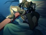  anthro bed canine glowing glowing_eyes l-i-t-t-l-e_f-i-r-e male mammal open_mouth pillow sitting solo 