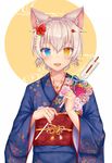  :3 :d animal_ears arrow bangs bell blue_eyes blue_ribbon cat_ears catboy commentary_request fang floral_print flower hair_between_eyes hair_flower hair_ornament hamaya heterochromia holding japanese_clothes jingle_bell kida_kuro_mu kimono long_sleeves looking_at_viewer male_focus nengajou new_year obi open_mouth original otoko_no_ko ribbon sash shiro_(kida_kuro_mu) slit_pupils smile solo two-tone_background upper_body white_hair wide_sleeves yellow_eyes 