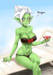  1girl bare_shoulders bikini black_bikini bow breasts collarbone commentary cup cupping_glass dragon_ball dragon_ball_super drinking_glass earrings eyebrows_visible_through_hair eyes_visible_through_hair genderswap genderswap_(mtf) green_skin hair_intakes jewelry large_breasts legs_crossed looking_at_viewer navel pointy_ears potara_earrings red_bow ring romaji_text short_hair silver_eyes sitting smile solo spiked_hair swimsuit twrlare white_hair zamasu 