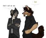  anthro beard canine clothed clothing duo english_text facial_hair fur hair l-i-t-t-l-e_f-i-r-e male mammal open_mouth standing text 