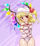  arms_behind_back bangs bare_shoulders bdsm blonde_hair blush bondage bound breasts closed_mouth collarbone covered_navel cowboy_shot crystal demon_wings embarrassed eyebrows_visible_through_hair flandre_scarlet hat hat_ribbon looking_at_viewer mob_cap one-piece_swimsuit purple_background red_eyes red_ribbon red_rope ribbon rope school_swimsuit shadow shibari shiny shiny_hair shiny_skin side_ponytail small_breasts solo standing swimsuit thigh_gap tied_up touhou white_school_swimsuit white_swimsuit wings winn 