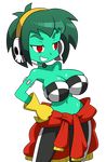  1girl absurdres bare_shoulders breasts checkered_bikini checkered_bra cleavage clothes_around_waist gloves green_hair green_skin headphones highres large_breasts midriff navel pants red_eyes rottytops shantae shantae_(series) short_hair smile solo stitches teeth track_pants undead 