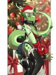  anthro breasts christmas christmas_tree clothed clothing collar dragon female fjorge holidays legwear looking_at_viewer smile solo spiked_collar spikes thick_thighs thigh_highs tight_clothing tree 