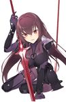  blush bodysuit breasts fate/grand_order fate_(series) full_body gae_bolg hayashi_kewi holding holding_weapon long_hair looking_at_viewer parted_lips pauldrons polearm purple_eyes purple_hair scathach_(fate)_(all) scathach_(fate/grand_order) simple_background sitting smile solo weapon white_background 