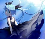  air_bubble bangs black_dress black_ribbon blue_eyes blue_hair blush bubble closed_mouth dress floating_hair frilled_dress frills from_behind hair_between_eyes hair_ribbon hatsune_miku highres long_hair looking_at_viewer looking_back mechuragi ribbon shinkai_shoujo_(vocaloid) solo underwater very_long_hair vocaloid water_surface 