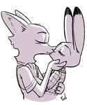  anthro arctic_fox canine clothed clothing duo embrace eyes_closed female female/female fox fuel_(artist) fur half-length_portrait kissing lagomorph mammal monochrome portrait rabbit simple_background size_difference skye_(zootopia) white_background 