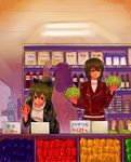  bell_pepper brown_hair cabbage commentary_request comparison girls_und_panzer highres jacket long_hair market multiple_girls nishizumi_maho pepper ponytail shopping short_hair sitirouta_t sweater turtleneck turtleneck_sweater 