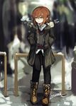  artist_name blurry boots breath brown_footwear brown_hair coat commentary_request cross-laced_footwear depth_of_field full_body fur_trim hair_between_eyes hands_in_pockets hood hood_down kantai_collection lace-up_boots lansane long_sleeves looking_to_the_side open_clothes open_coat open_mouth pants parka road shirt short_hair sidewalk solo street sweater wakaba_(kantai_collection) white_shirt winter_clothes winter_coat yellow_eyes 