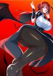  1girl artist_request ass blush breasts curvy double_bun dress erze_(king&#039;s_raid) fang highres king&#039;s_raid large_breasts long_hair looking_at_viewer open_mouth pantyhose red_background red_eyes red_hair shiny shiny_clothes shiny_hair smile solo thick_thighs thighs vampire wings 