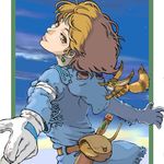  brown_eyes brown_hair earrings gloves jewelry kawa_(river) kaze_no_tani_no_nausicaa lowres nausicaa short_hair smile solo studio_ghibli teto weapon 