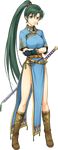  absurdres bare_legs boots breasts brown_footwear crossed_arms dress earrings fingerless_gloves fire_emblem fire_emblem:_rekka_no_ken fire_emblem_heroes full_body gloves green_eyes green_hair highres jewelry knee_boots leg_up long_hair long_ponytail looking_at_viewer lyndis_(fire_emblem) medium_breasts official_art pelvic_curtain ponytail side_slit smile solo standing sword transparent_background very_long_hair weapon yamada_koutarou 
