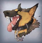  2017 bearlyfeline beau_(williamca) black_fur black_lips black_nose brown_fur canine chain collar digital_media_(artwork) dog drooling eyebrows fangs feral fur german_shepherd grey_background headshot_portrait lips looking_at_viewer male mammal multicolored_fur open_mouth pink_tongue portrait saliva simple_background snout solo teeth tongue tongue_out yellow_eyes 