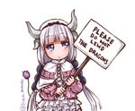  bangs beads blue_eyes blunt_bangs capelet commentary disco_brando dragon_girl gradient_hair hair_beads hair_ornament hairband holding holding_sign horns kanna_kamui kobayashi-san_chi_no_maidragon lavender_hair long_hair low_twintails meme multicolored_hair placard sign solo tail twintails twitter_username very_long_hair 