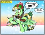  blonde_hair cutie_mark english_text equine fan_character feathered_wings feathers feral fur golden_cloud gray--day green_feathers green_fur hair hat hooves mammal my_little_pony one_panel_comic open_mouth pegasus scarf snow snowing solo teeth text tongue wings yellow_eyes 