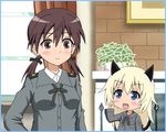  animal_ears bertsr blonde_hair blue_eyes blush border brown_eyes brown_hair cat_ears cat_tail chibi embarrassed fireplace gertrud_barkhorn hand_on_hip hand_up helma_lennartz highres indoors long_hair multiple_girls neck_ribbon open_mouth plant potted_plant ribbon strike_witches tail twintails uniform upper_body waving window world_witches_series younger 